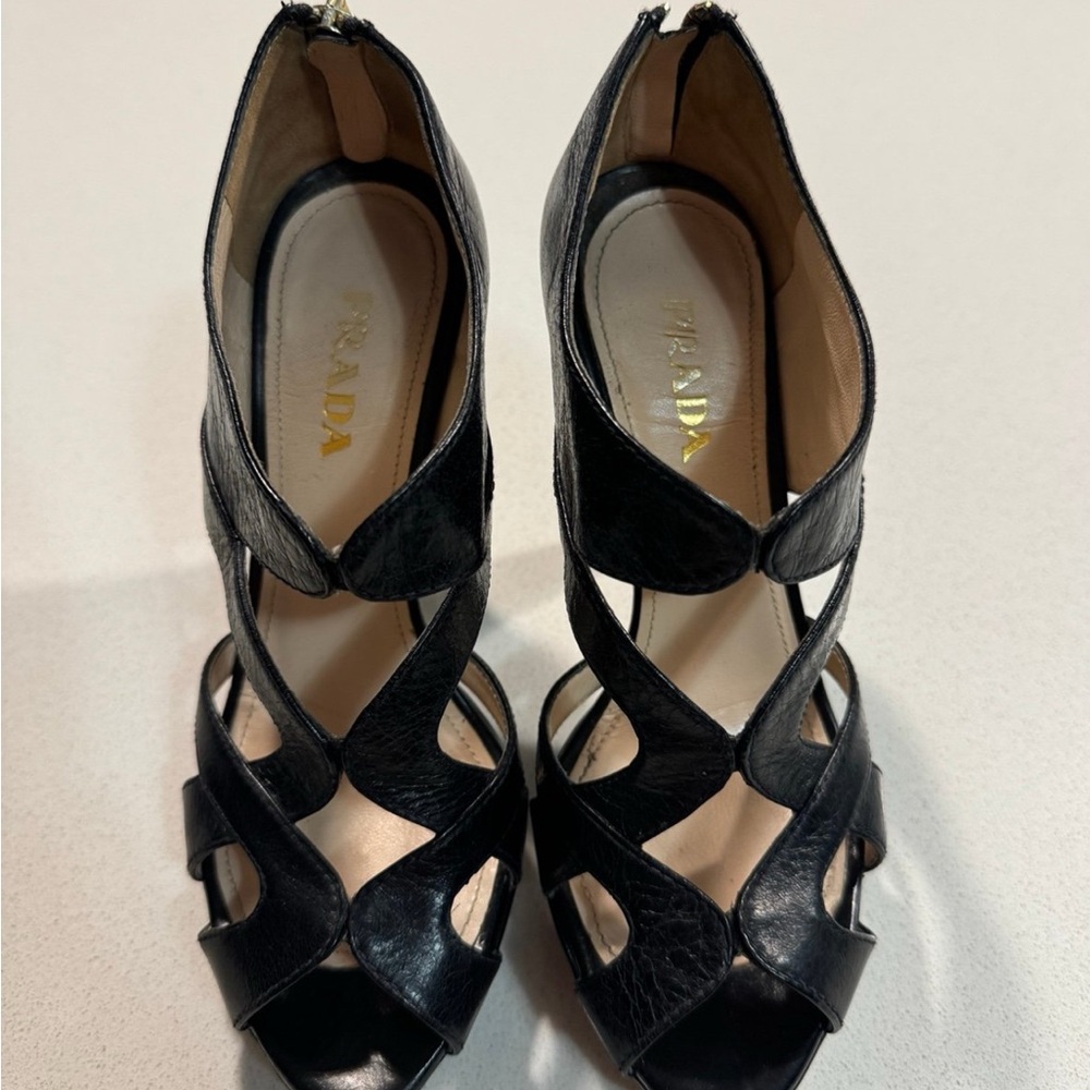 Prada Black Strappy Heels with Glossy Finish